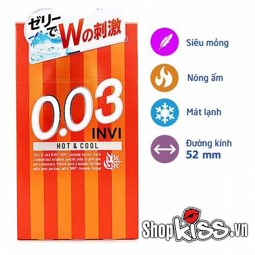 Bao cao su Jex Invi 0.03 JEX12 chứa gel bôi trơn đặc biệt tạo cảm giác ấm nóng và mát lạnh