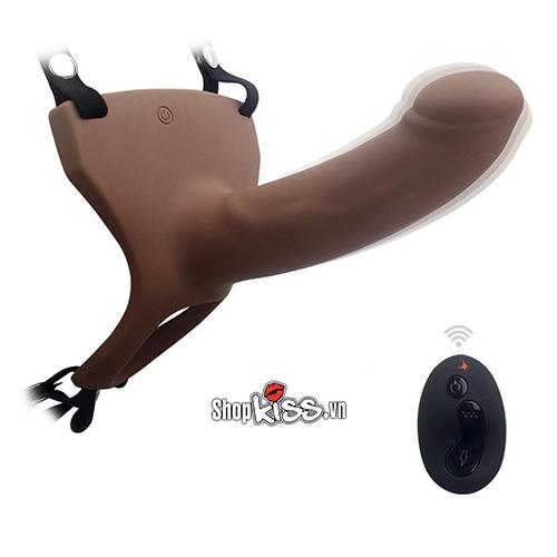 Ảnh chụp dương vật giả dây đeo rỗng ruột DV70 màu nâu đen, có rung và điều khiển từ xa, dành cho nam giới có dương vật nhỏ