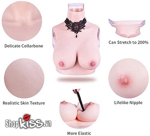 Cận cảnh chất liệu silicone y tế cao cấp của ngực giả full cổ NY19N, đàn hồi và an toàn cho da