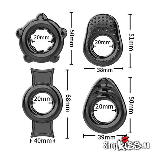 Thông số kích thước chi tiết của từng vòng trong bộ 4 vòng đeo dương vật silicone