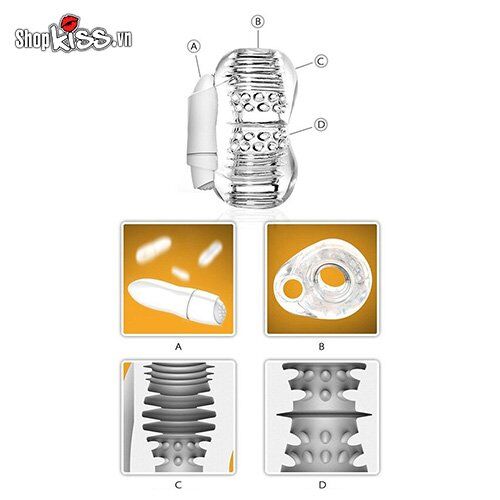 Chi tiết cấu tạo bên trong và bộ phận rung rời của dụng cụ thủ dâm nam AD05V làm từ silicone TPE y tế.