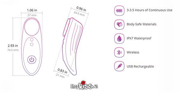 Biểu đồ thể hiện kích thước chi tiết của Máy rung quần lót từ tính Lovense Ferri FERRI1