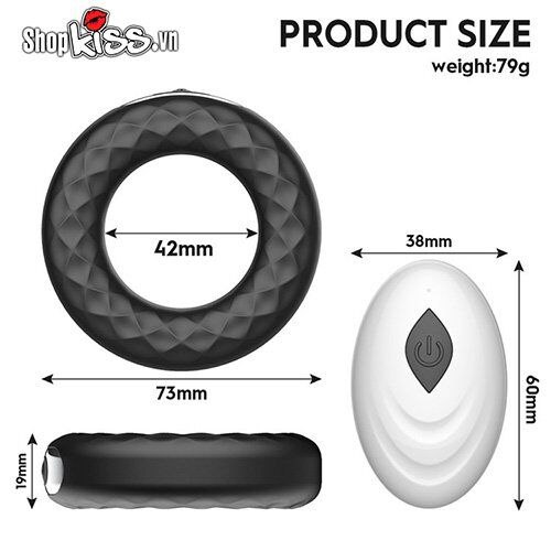 Kích thước chi tiết vòng rung đeo dương vật có remote điều khiển SECWELL DC60M và remote đi kèm