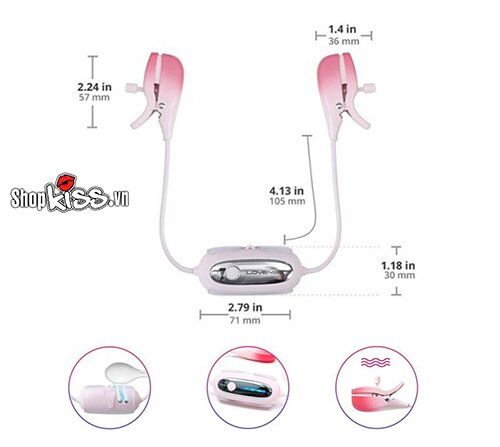 Bản vẽ mô tả kích thước chi tiết của kẹp núm Lovense Gemini và bộ điều khiển nhỏ gọn