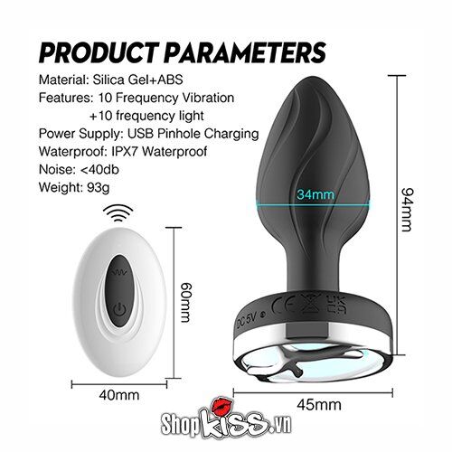 Sơ đồ kích thước chi tiết của Phích cắm hậu môn Colorful Dream Luminous Anal Plug và bộ điều khiển từ xa