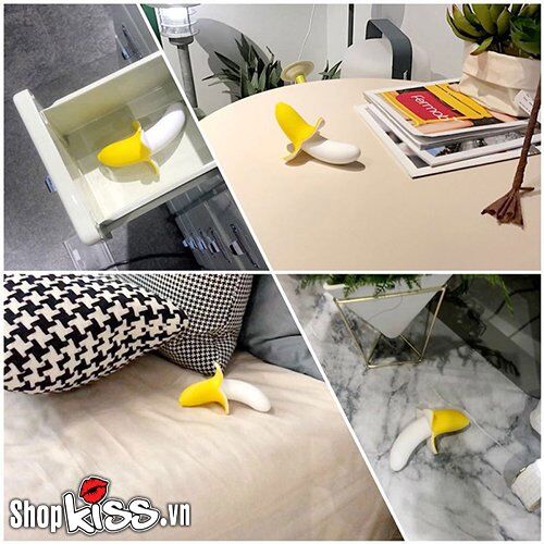 Dương vật giả Mini Banana CHUOI3 màu vàng nằm trên nền trắng, thể hiện sự nhỏ gọn và kín đáo