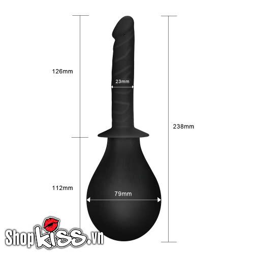 Bản vẽ chi tiết kích thước dụng cụ thụt rửa hậu môn Lovetoy Bondage Fetish HM23K gồm chiều dài tổng thể, đầu xịt và bình chứa.